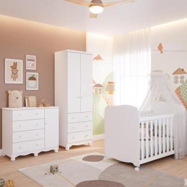 Imagem de Quarto Bebê Completo Berço Americano Uli Guarda Roupas 2 Portas 3 Gavetas Cômoda Junior 100% Mdf Branco Brilho