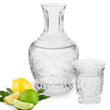 Imagem de Garrafa de água de cabeceira – Jarra de cabeceira vintage com conjunto de vidro – Garrafa de água com copo de vidro para mesa de cabeceira ou garrafa de água pessoal e conjunto de vidro para água de mesa ou decantador de enxaguante bucal