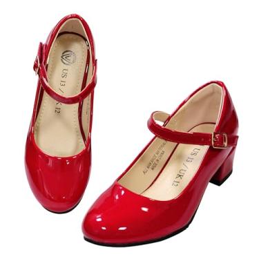 Imagem de LseLom Sapatos sociais para meninas - Mary Jane Sapatos para meninas salto baixo princesa com gancho e laço sapatos sociais rasteirinhas de festa casamento para crianças pequenas/grandes, Vermelho, 4 Big Kid
