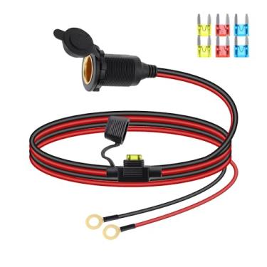 Imagem de RIIEYOCA Cabo de extensão de soquete de acendedor de cigarro de 12 V 24 V, rosca fixa, tomada fêmea para anel de ilhó, cabo terminal com tampa à prova d'água e fusível de 20 A para carros, barcos,