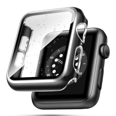 Imagem de top4cus Capa de 44 mm compatível com Apple Watch, com protetor de tela de vidro temperado integrado, capa de PC para iWatch séries 9/8/7/SE 2rd SE 6 5 4/3 2 para escolha (44 mm, borda preta + prata)