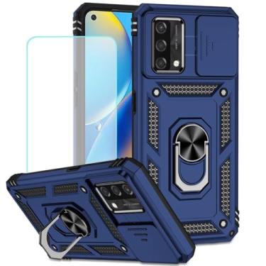 Imagem de Vokuha Capa para Oppo A74 4G / Oppo F19 / Reno 6 Lite CHP2219 Capa com protetor de tela de vidro temperado e capa deslizante para câmera, anel giratório de 360°, capa magnética para Oppo A74 4G azul