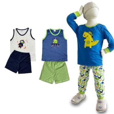 Imagem de Combo 3 Pijamas Infantis Menino 2 Verão+1 inverno - 6 Peças - Minhoqué