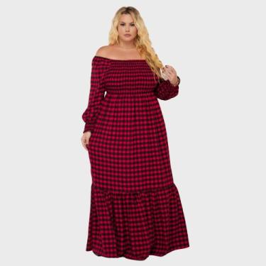 Imagem de Vestido Feminino Longo Tubinho Plus Size Xadrez Lastex Festa Junina - 
