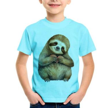 Imagem de Camiseta Infantil Bicho Preguiça Coração - Foca na Moda, Azul claro, 4