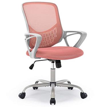 Imagem de Cadeira de escritório em casa - Cadeira ergonômica para computador com cadeira giratória ajustável em altura cadeira de malha com apoios de braços fixos e suporte lombar macio, rosa