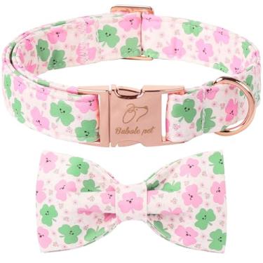 Imagem de Babole Pet Coleira para cães do dia de São Patrício com gravata borboleta - coleira de algodão rosa e verde trevo ajustável resistente para cães pequenos, médios e grandes, G