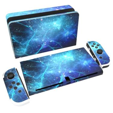 Imagem de PlayVital Conjunto completo de adesivos de proteção para Nintendo Switch OLED, capas de decalque de vinil personalizadas para console Switch OLED e Joycon & Dock & Grip - Nebulosa azul