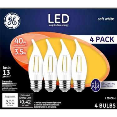 Imagem de GE Lâmpadas de LED reguláveis, lâmpada decorativa com ponta dobrada, 3,5 Watt (substituição de 40 watts), 300 lúmens, CAM, branco suave, base média, 4 lâmpadas de LED