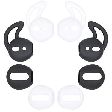 Imagem de 4 pares de tampas de silicone para fones de ouvido, 2 x pontas superfinas [carregue seus AirPods sem remover pontas] e 2 x ganchos de orelha esportivos antiqueda gel [protetor e ótimo isolamento de ruído], branco preto, White Black