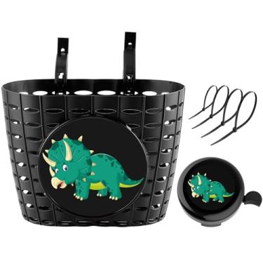 Imagem de Cesta de bicicleta para meninos com sino, cesta de bicicleta de dinossauro fofa para crianças, bebês, cesta de guidão frontal de plástico para scooter, triciclo (Triceratops)