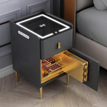 Imagem de Mesa de cabeceira inteligente com carregamento sem fio e estação de carregamento USB, mesa de cabeceira inteligente com caixa forte, luzes de LED, organizador de criado-mudo inteligente de alto brilho