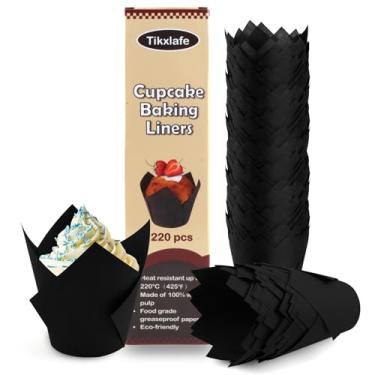 Imagem de 220 peças de forros de cupcake de tulipa para copos de cozimento, embalagens de cupcake à prova de gordura em tamanho padrão, forros de muffin de tulipa de papel manteiga, preto
