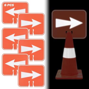 Imagem de 6 placas de sinalização de cone de trânsito, 32 cm x 26,4 cm de plástico refletivo de alta intensidade, placas de seta reversíveis de plástico refletivo de alta intensidade, placas direcionais de