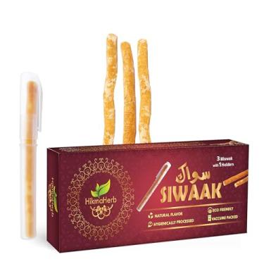 Imagem de HikmaHerb Pacote com 3 bastões Miswak com suporte – Bastões de mastigar naturais selados a vácuo para dentes – Escova de dentes com sabor natural para clareamento dental, saúde bucal e hálito fresco