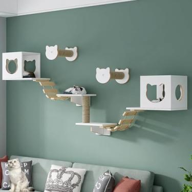 Imagem de Prateleiras de parede para gatos - Prateleiras para gatos, conjunto de móveis de parede para gatos com poleiros e degraus, espessura da placa de madeira de 1,5 cm para condomínios internos para gatos,