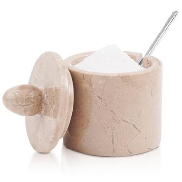 Imagem de Adega de sal de mármore com tampa de 10 cm – adega de sal de mármore Verona feita à mão, suporte de recipiente de sal de cozinha para armazenamento de bancada, caixa de sal recarregável para sal e