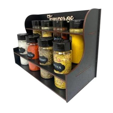 Imagem de Porta Temperos de Mesa com 8 Potes e Etiquetas, Suporte em MDF, Preto com Acabamento em Cobre