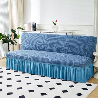 Imagem de Capa de futon sem braços com saia de babados, capa de sofá-cama futon altamente elástica, capa de sofá antiderrapante sem braços, tecido de veludo grosso, macio e aconchegante(Blue,Large (190-210cm))