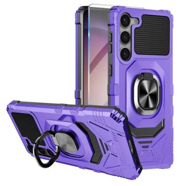 Imagem de Capa Armor para Galaxy S23 Capa de telefone à prova de choque de grau militar com protetor de tela integrado, suporte de anel de metal de proteção resistente para Samsung S23 5G (roxa)