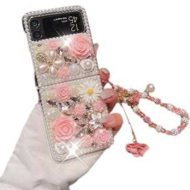 Imagem de Capa para Moto Razr 40, Motorola Moto Razr 2023, linda luxo 3D cristal strass flores brilhantes pedras deslumbrantes pérolas com alça de pulso mulheres meninas para Motorola Razr 2023