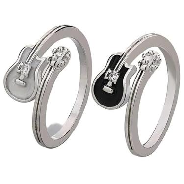 Imagem de YIQPKUM 2 peças de anéis de guitarra esmaltados banhados a prata para mulheres, instrumentos musicais, joias, berloques, presentes de aniversário e férias, Metal, Sem pedra preciosa