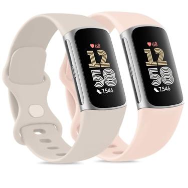 Imagem de Pacote com 2 pulseiras compatíveis com Fitbit Charge 6/Fitbit Charge 5 para mulheres e homens, à prova d'água clássica, esportiva macia, pequena (luz das estrelas + rosa claro)