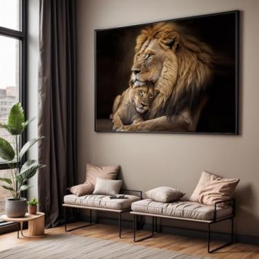 Imagem de Quadro com Moldura Sala Quarto 90x60 Leão Leoa Família Decorativo Horizontal Grande Hall