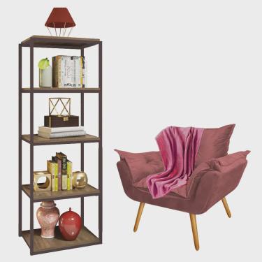 Imagem de Kit Poltrona Fatte com Manta Soft e Estante Livreiro Ferro Marrom mdf Rústico Suede Ros...