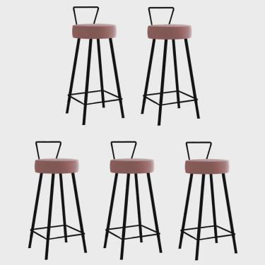 Imagem de Kit 05 Banqueta Alta Com Encosto Tais Eiffel Cozinha Bar Bistrô Ferro Preto Suede Rosa Gold - Ahz Móveis