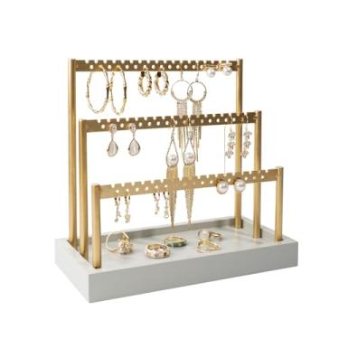 Imagem de SANY DAYO HOME Suporte organizador de brincos de 3 camadas, suporte de brinco de metal dourado de 105 furos, árvore de exibição de joias com bandeja de madeira cinza para mulheres e meninas