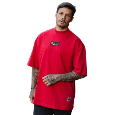 Imagem de Camiseta Oversized Gola Alta Borracha Colorida Streetwear Confortavel Masculina Vermelho-Masculino