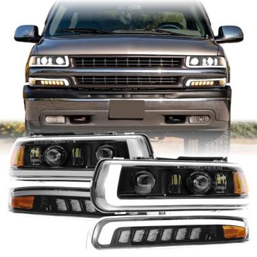 Imagem de USR 99-02 GMT800 Conjunto de 4 peças de lâmpadas dianteiras (esquerda + direita) compatível com caminhonete Chevy Silverado 1999-2002 (projetor preto farol de LED completo/seta/DRL/refletor âmbar)