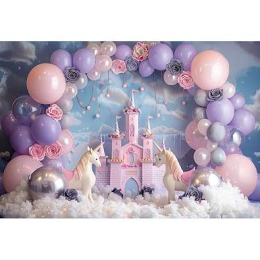 Imagem de Baocicco Cenário de castelo roxo de 2,7 x 1,8 m para fotografia, arco rosa, balão de flor, lugar real, adorável fundo de fotografia de unicórnio, chá de bebê, festa de aniversário, casamento, para