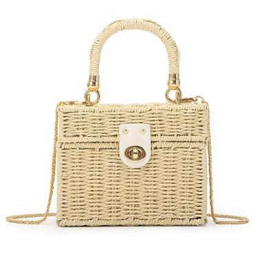 Imagem de Fecialy Bolsa feminina de vime feita à mão, bolsa de praia com palha, quadrada, boho, bolsa tiracolo, Bege