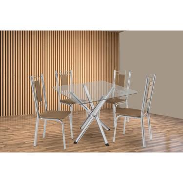Imagem de Kit 4 Cadeiras Sala Jantar Volga c/ Tampo de Vidro 90cm e 4 Cadeiras Florença Cromada - Courano Capuccino - Kappesberg