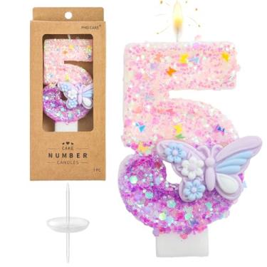 Imagem de PHD CAKE Número 5 velas de aniversário de borboleta roxa, velas com número de borboleta, velas com número de bolo, celebração de festa