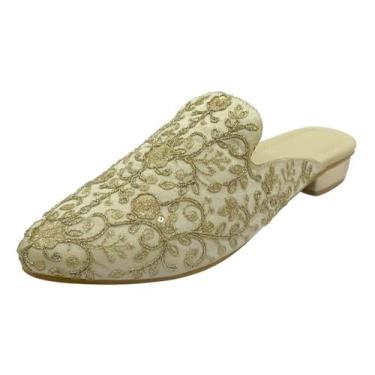 Imagem de Mules femininas étnicas abertas – Juttis indiano sem cadarço feito à mão | Sapatilhas Boho bordadas | Sapatos tradicionais confortáveis sem costas nuas para casamento, escritório e uso diário