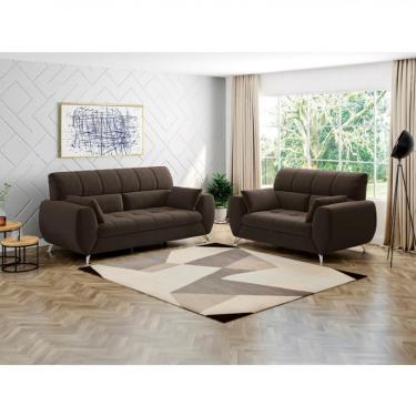 Imagem de Sofá 3 E 2 Lugares Bélgica Em Tecido Suede Com 4 Almofadas Linoforte Café