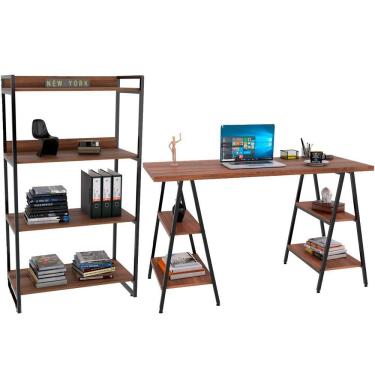 Imagem de Kit Mesa Cavalete 150 Cm Com Estante 4 Prateleiras Nogal