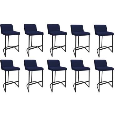 Imagem de Kit 10 Banquetas Com Encosto Confort Bistrô Cozinha Ferro Preto Sintético Azul Marinho Amey Decor