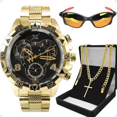 Imagem de Relogio Masculino Dourado Oculos Proteção Uv Casual Social