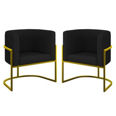 Imagem de Kit 02 Poltronas Lua Sala Decorativa Base Ferro Gold Corino Preto