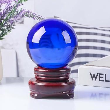 Imagem de mwpqbd Bola de cristal + suporte de madeira maciça, adequado para decoração para atrair riqueza e mudar a fortuna, transformar o infortúnio em adivinhação de boa sorte e adivinhação Feng Shui (azul)