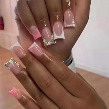 Imagem de RIICFDD Pontas De Unha Pato, Unhas Postiças Longas, Ponta Branca, Cola Rosa Com Desenhos Strass E Flores, Acrílico Brilhante Cobertura Total Para Mulheres Meninas, 24 Peças