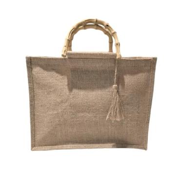 Imagem de Bolsa de Juta com Alça de Bambu, 36 x 28 x 14 cm, Bege, para Praia e Piscina