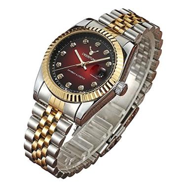 Imagem de Relógio masculino de quartzo unissex fashion de luxo com calendário de aço inoxidável, strass, à prova d'água, esportivo, esportivo, Red Silver Gold
