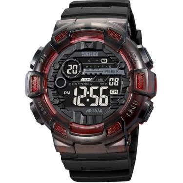 Imagem de Relógio multifuncional masculino, relógio digital esportivo para atividades ao ar livre com mostrador grande e data, relógio de pulso casual masculino com luz de fundo LED (Black Red)
