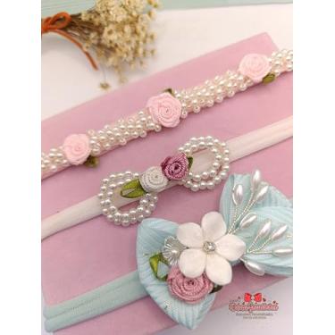 Imagem de Kit 3 Faixas de Cabelo Infantil, Laços com Flores, Pérolas e Detalhes em Rosa e Azul, Acessórios Artesanais para Bebê
