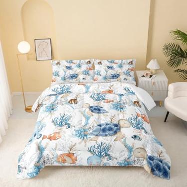 Imagem de QOOMO Jogo de cama casal com tema de praia costeira, tartarugas marinhas, vida oceânica, super macio, com 1 edredom e 2 fronhas, microfibra leve para todas as estações